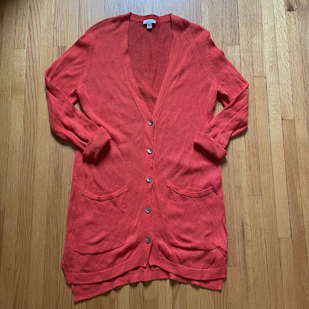 J Jill Cardigan Linen Blend Sweater Womens S Red Buttons Duster Coastal Grandma